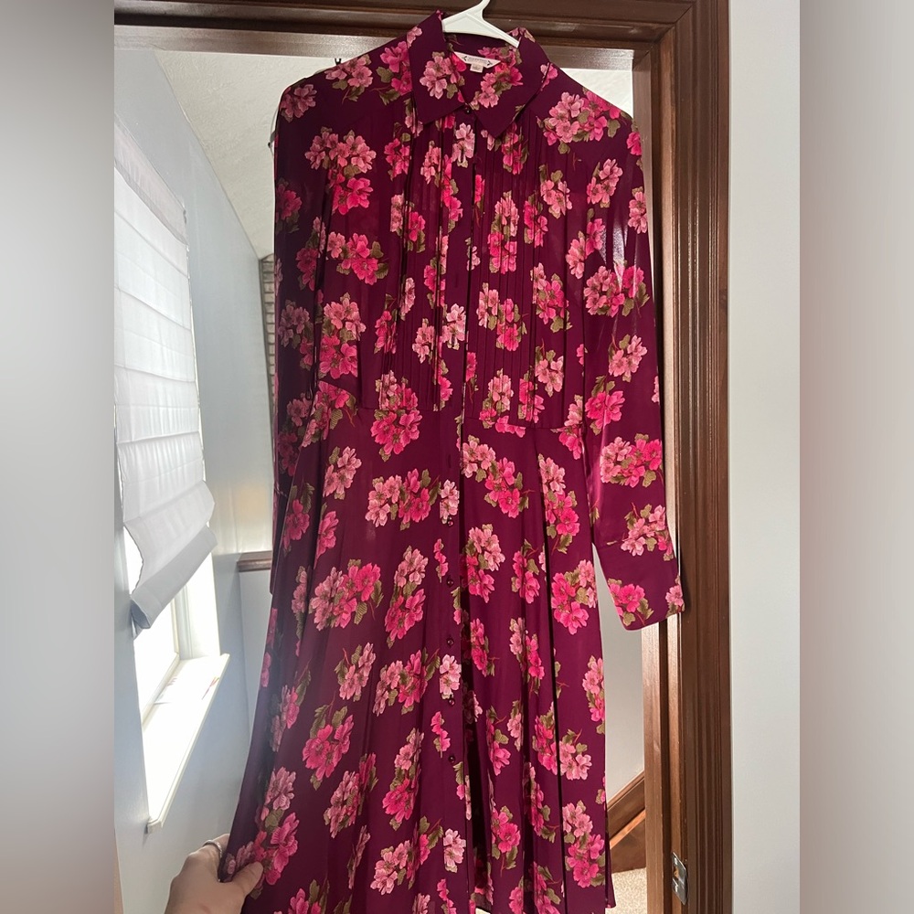 Pink floral shirt dress
A line fit and flare